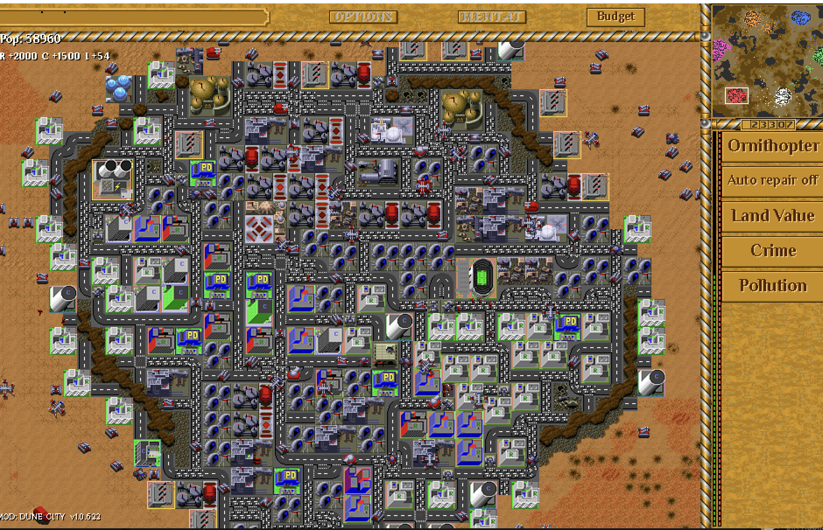Dune City colony with residential districts, roads, factories and defences